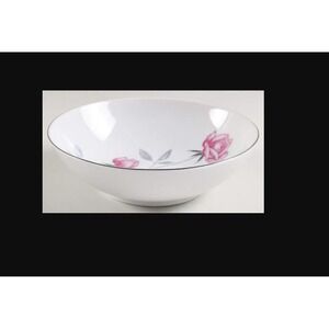 Belair by Nasco Japan 6.3/8" Coupe Cereal Bowl Pink Rose Gray Leaves Silver Trim